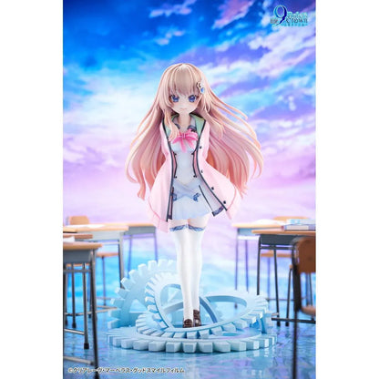 9-nine- Ruler's Crown Miyako Kujo 1/6 Scale Figure featuring a pink-haired anime girl with blue eyes wearing a white and blue school uniform, pink jacket, and matching ribbon, standing on a detailed light-blue gear-shaped display base.