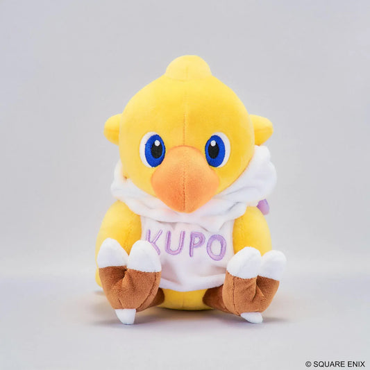 Final Fantasy Chocobo Moogle Hoodie Ver. Plush with yellow Chocobo, white Moogle hoodie, KUPO lettering, pom-pom detail, and seated plush design