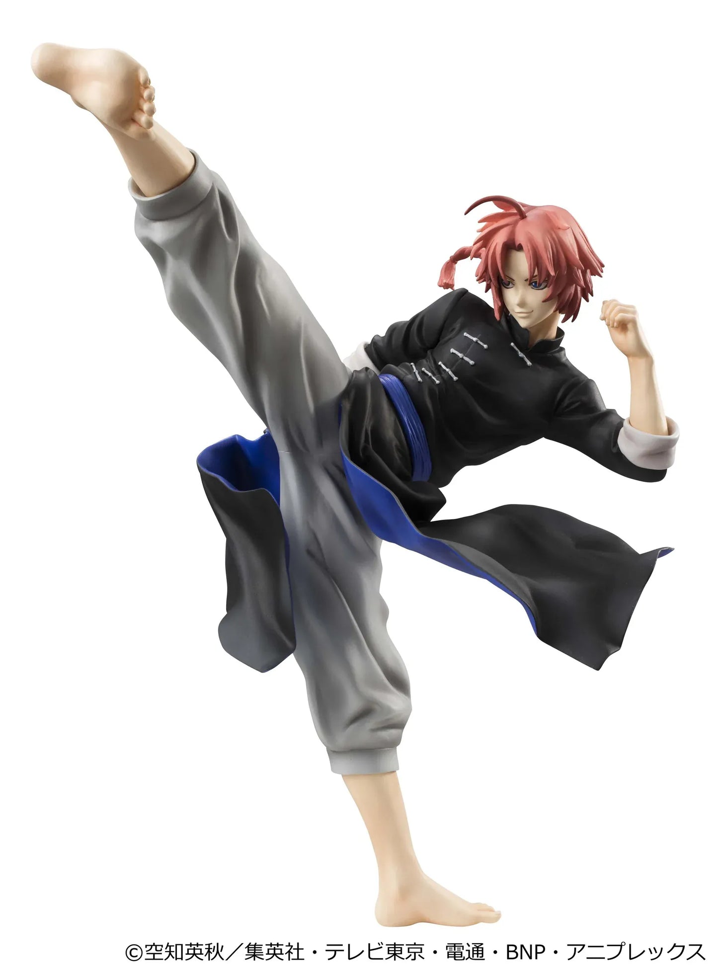 Gintama G.E.M. Series Kamui Ver.2 Reissue figure with red hair, black outfit, blue sash, and dynamic high-kick pose