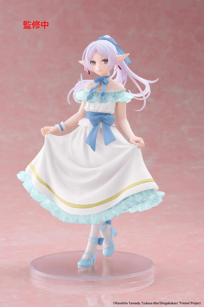 Frieren Beyond Journey's End Frieren Party Dress Ver. Coreful Figure (Rerelease) featuring a silver-white-haired elf with green eyes wearing an elegant white off-the-shoulder dress with light-blue ruffles, golden trim, blue ribbons, and matching heels while gracefully holding her skirt on a transparent circular base.