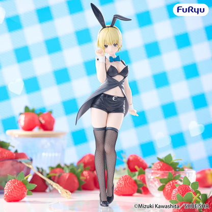 Strawberry 100% BiCute Bunnies Tsukasa Nishino figure wearing a black bunny outfit, blue bow tie, and fishnet stockings.