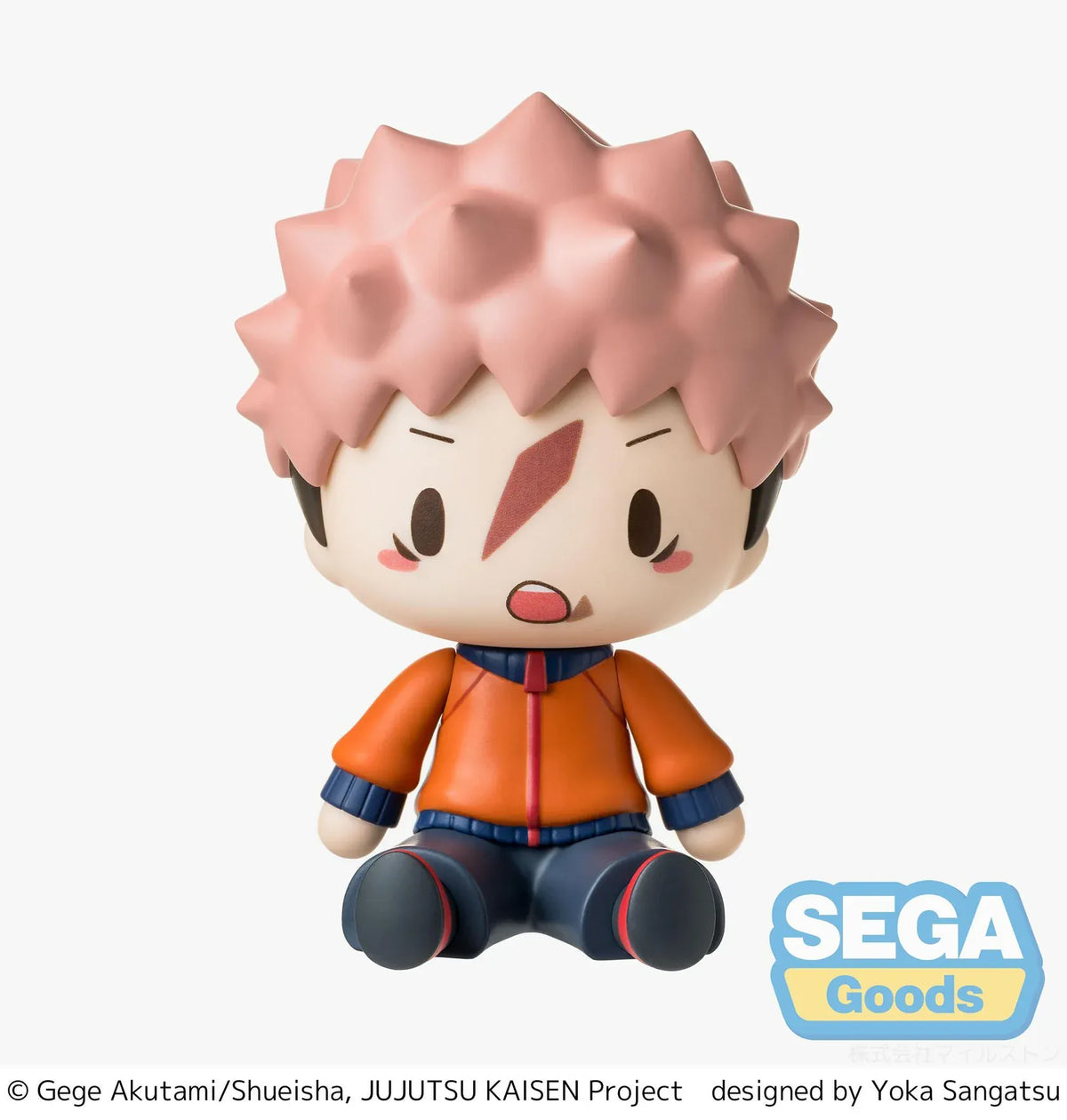 Yuji Itadori chibi figure in a seated pose with pink hair, facial markings, and an orange and navy outfit.