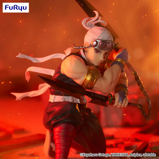 Tengen Uzui Noodle Stopper figure posed with one knee raised, holding chained dual blades and wearing a jeweled headband, dark uniform, and gold arm accessories.