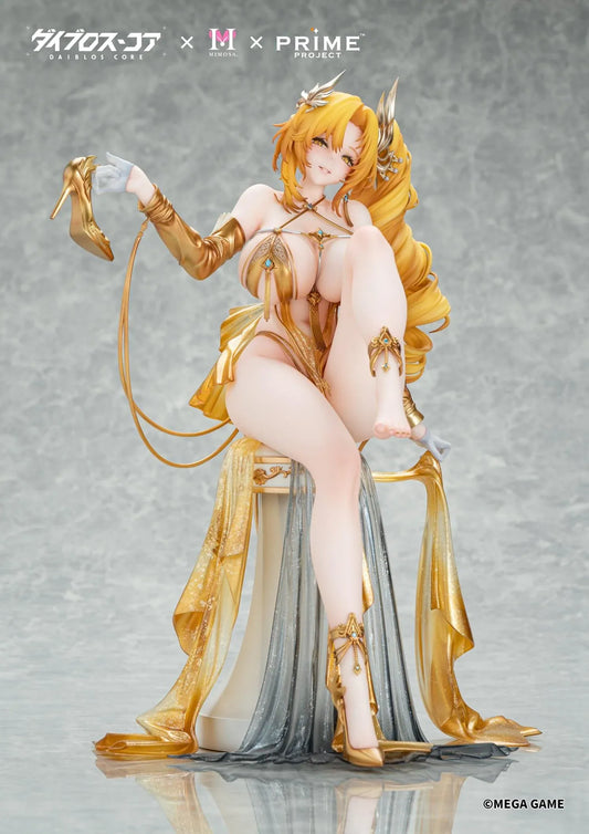 Daiblos Core Lobera Passionate Night Regular Edition 1/6 Scale Figure featuring a golden-blonde-haired anime character with golden eyes, an elaborate gold outfit, blue gemstone jewelry, ornate accessories, and flowing metallic gold and silver fabrics seated on a decorative throne-inspired seat.