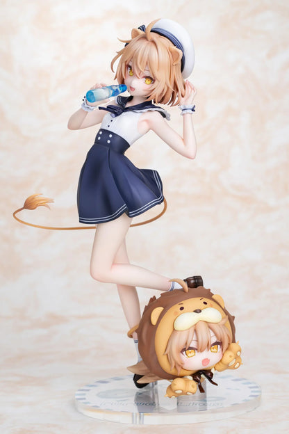 Rurudo Lion Marine Sailor Ver. figure in a navy and white sailor dress and hat, holding a blue bottle beside a chibi lion companion.