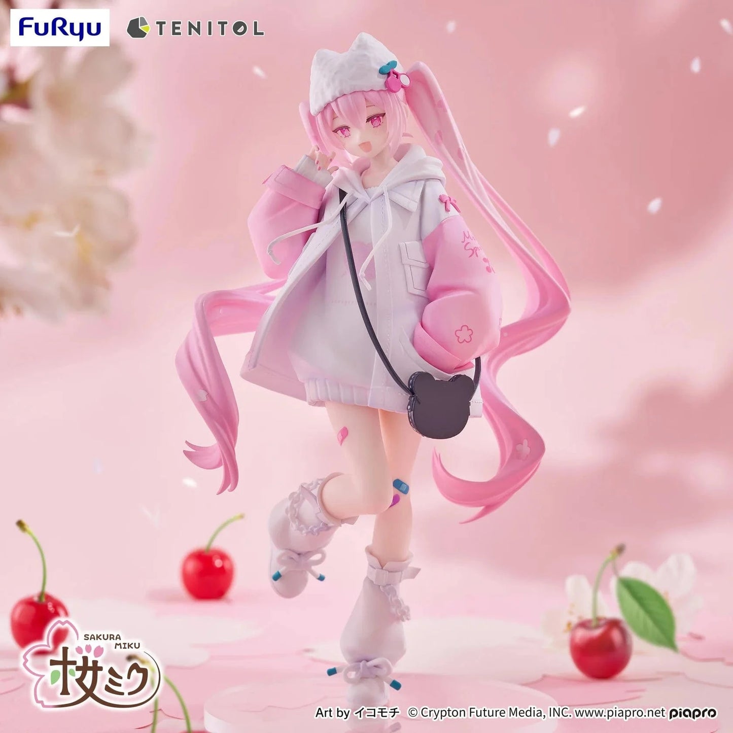 Vocaloid Tenitol Petit Sakura Miku Cool Style Figure featuring Sakura Miku in a pink and white hoodie outfit with twin-tails and a cat-shaped bag