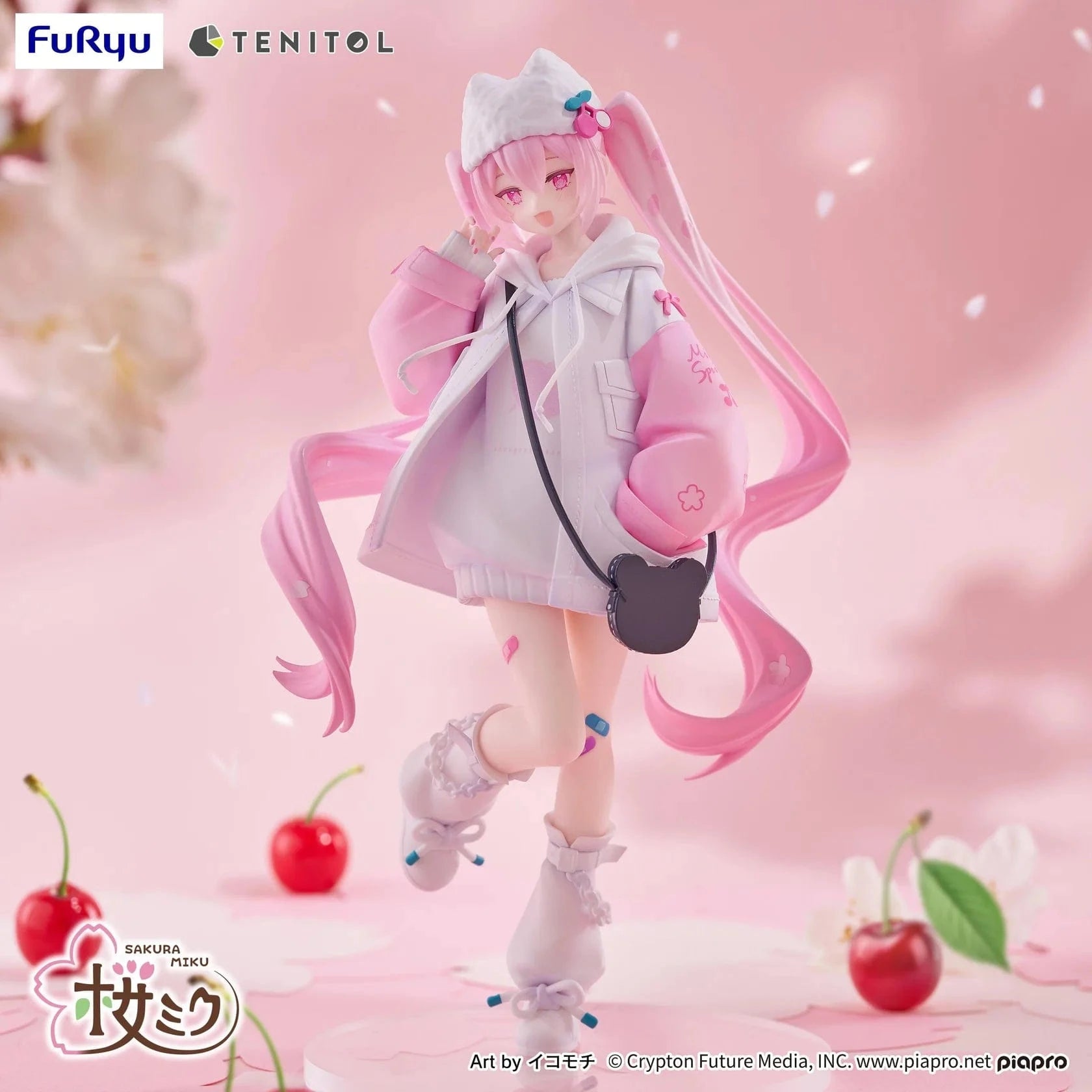 Vocaloid Tenitol Petit Sakura Miku Cool Style Figure featuring Sakura Miku in a pink and white hoodie outfit with twin-tails and a cat-shaped bag