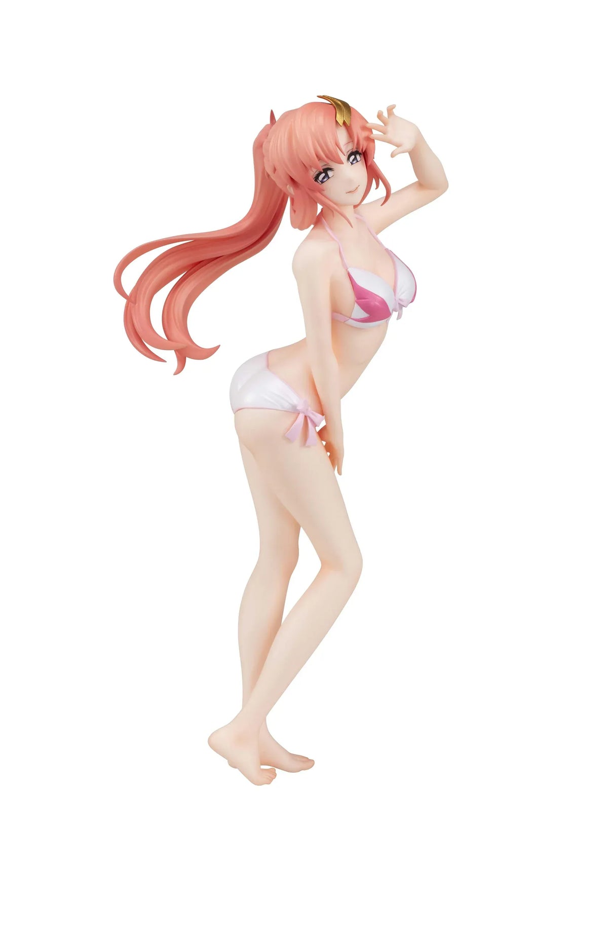 Lucrea Light Lacus Clyne Swimsuit Ver. figure with a flowing pink ponytail, gold hair ornament, and pink and white swimsuit, posed with one hand raised.