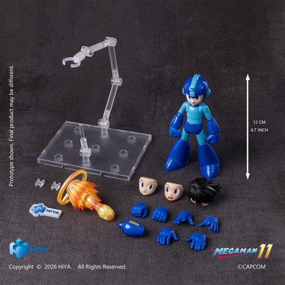 Mega Man Original Series action figure by Hiya Toys with interchangeable faces, hands, Mega Buster, charged-shot effect, and clear display stand.