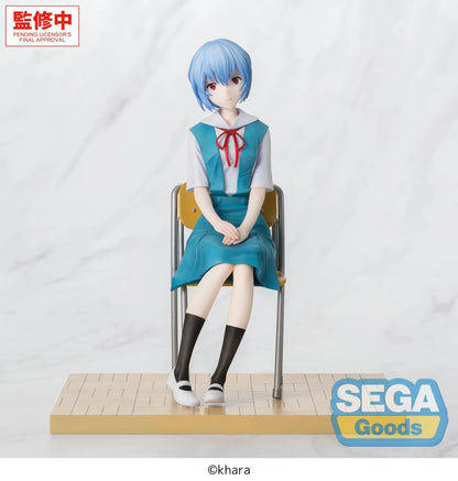 XStellar Rei Ayanami Uniform Ver. figure seated on a school chair with hands folded, wearing a blue and white uniform on a parquet-style floor base.