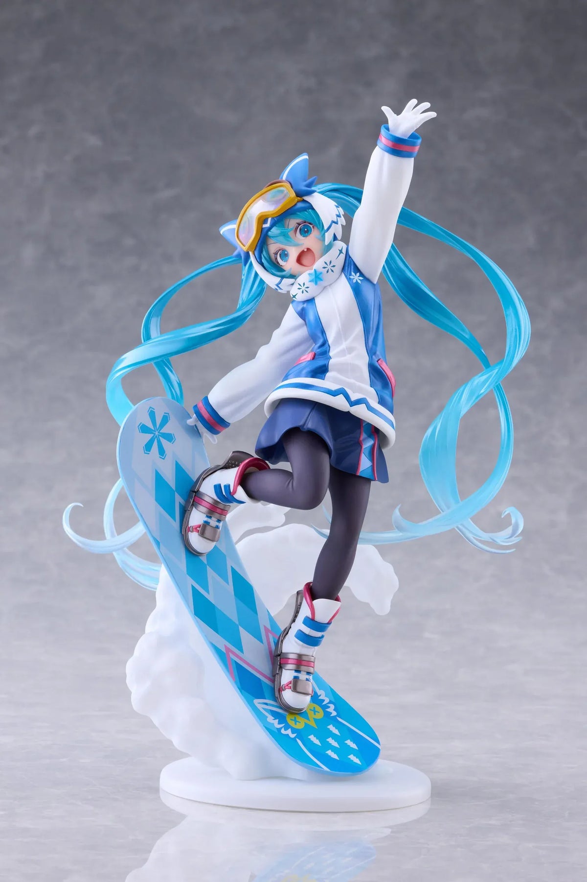 Snow Miku AMP+ All Stars 2016 Ver. figure posing on a blue patterned snowboard with goggles, flowing turquoise twin tails, and a snow effect base.