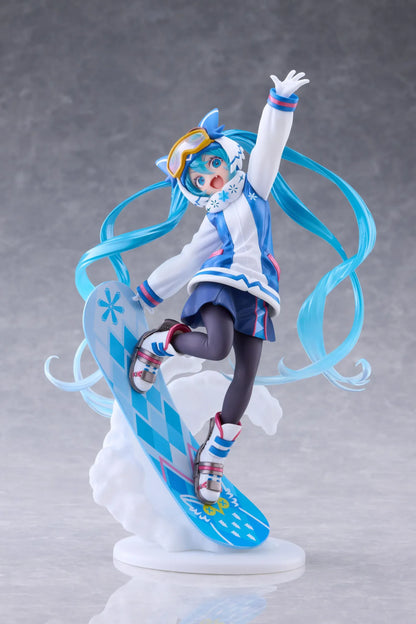 Snow Miku AMP+ All Stars 2016 Ver. figure posing on a blue patterned snowboard with goggles, flowing turquoise twin tails, and a snow effect base.