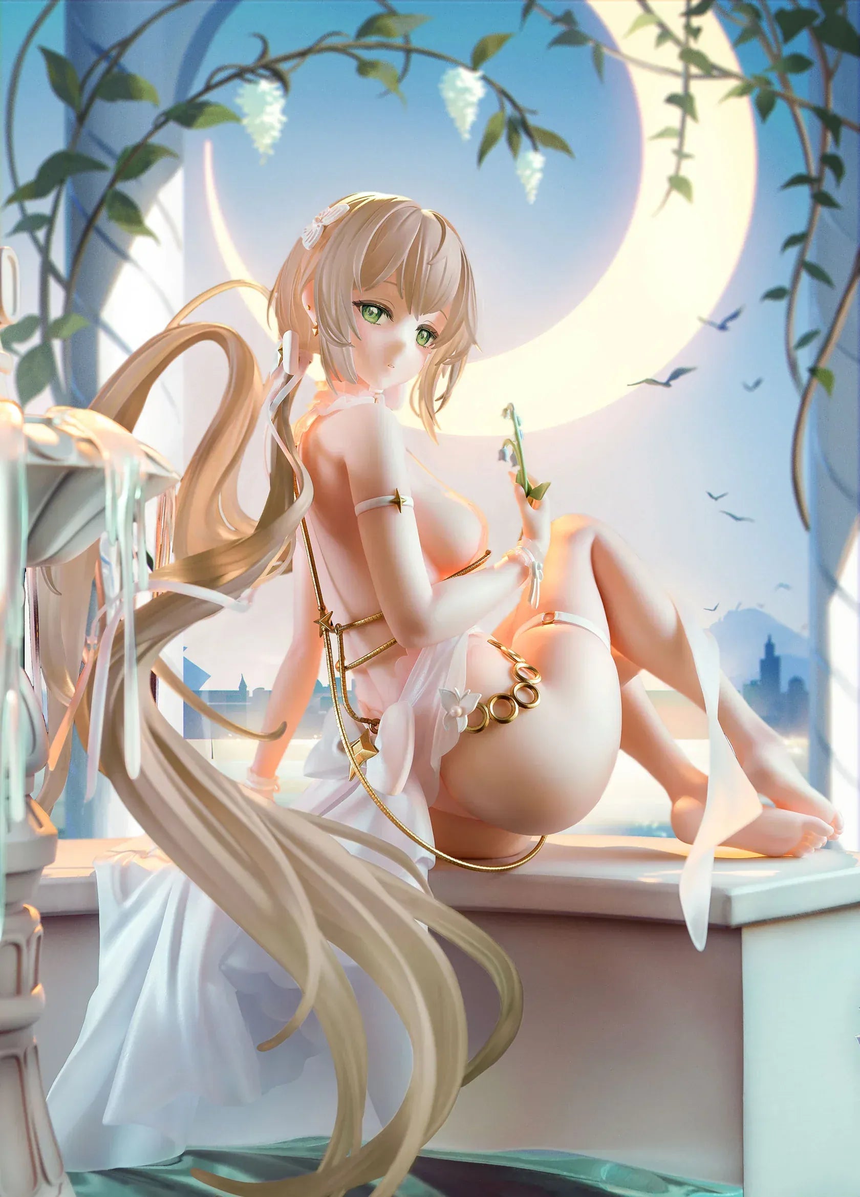 Houkiboshi Illustration Momoko 1/6 scale figure seated under crescent moon with flowing hair and gold accessories.
