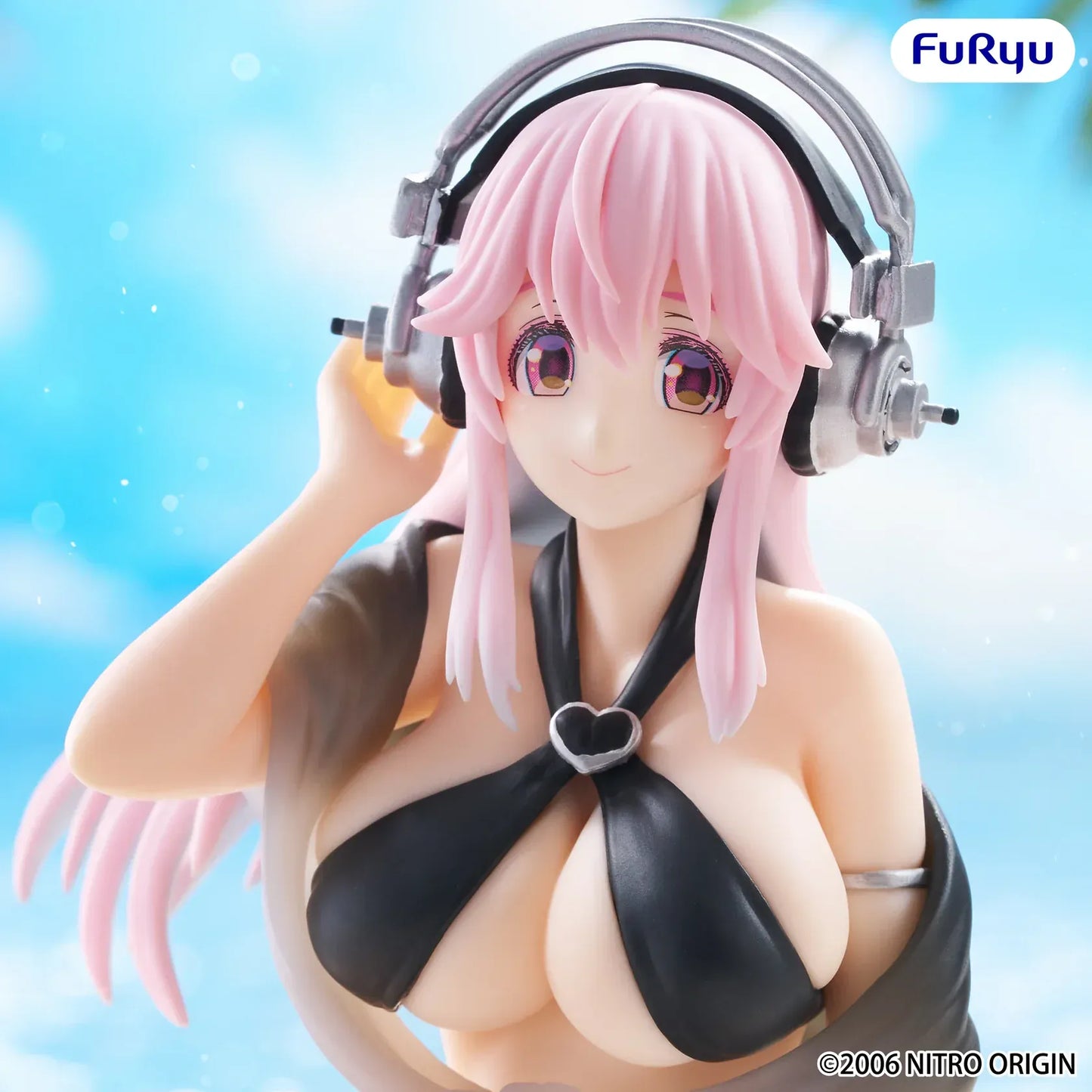 Super Sonico Swimsuit Black Color Ver Noodle Stopper figure with pink hair and headphones in seated pose