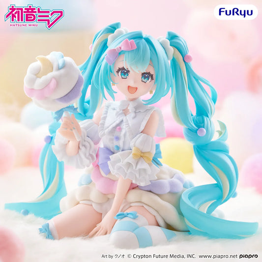 Hatsune Miku melffy Figure Sugar Cloud featuring Miku with bright twin tails, pastel outfit, candy-inspired accessory, and cute seated pose