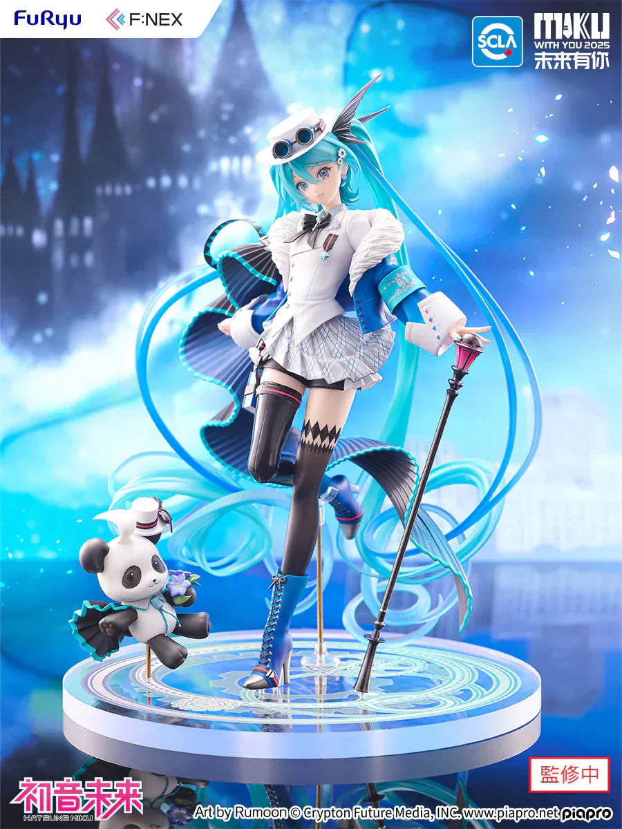 Hatsune Miku Miku With You 2025 figure with flowing twin-tails, panda companion, and futuristic concert outfit