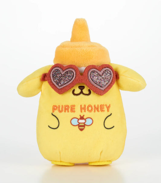 Kawaii YumYum MART DINER Pompompurin PURE HONEY plushie shaped like a yellow honey bottle with floppy ears, bee embroidery, and heart-shaped sunglasses.