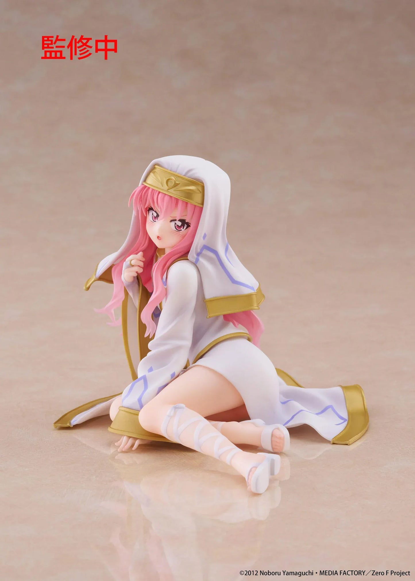 The Familiar of Zero Desktop Cute Louise Miko Outfit Ver. figure seated in a white-and-gold ceremonial outfit with long pink hair.