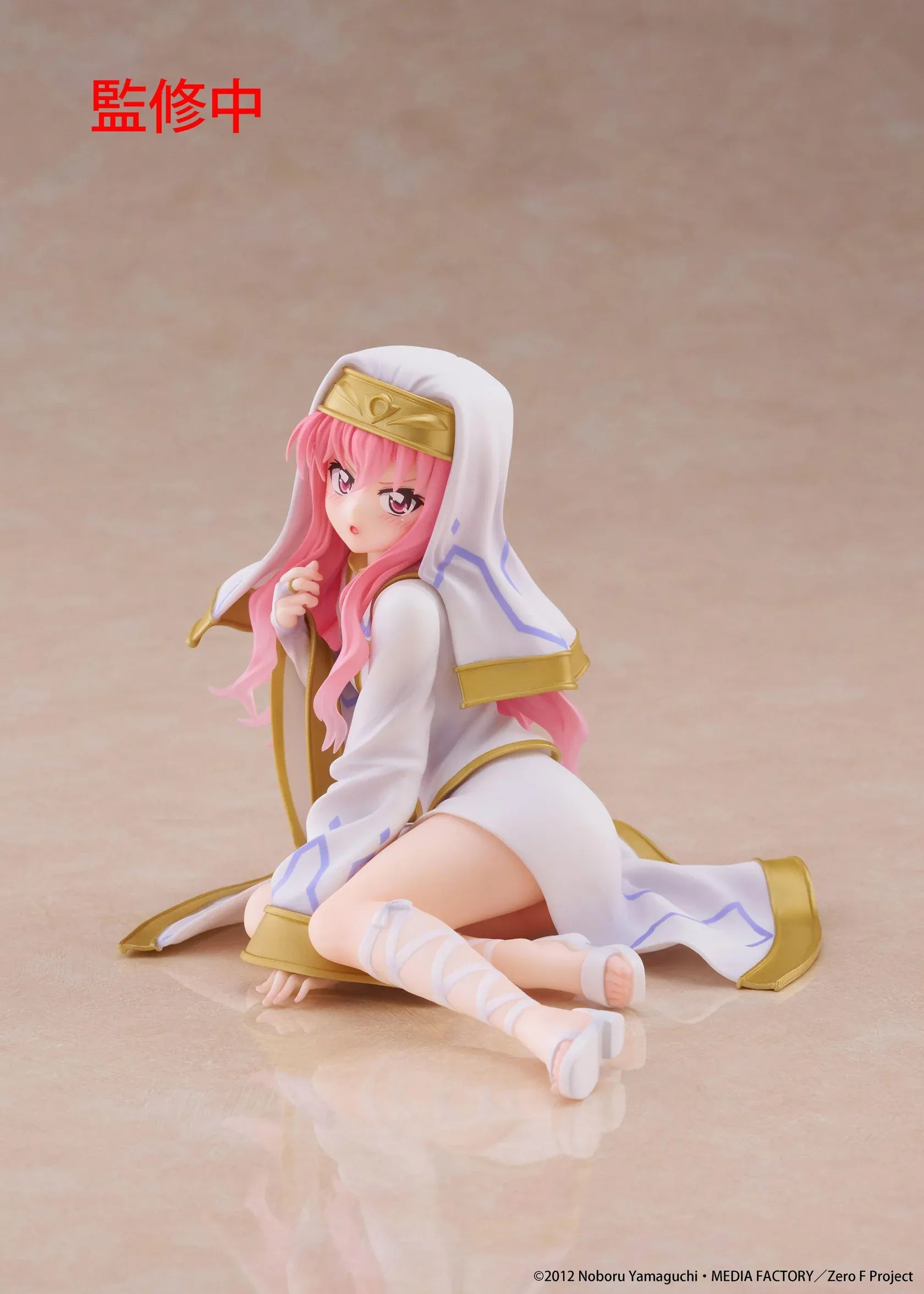 The Familiar of Zero Desktop Cute Louise Miko Outfit Ver. figure seated in a white-and-gold ceremonial outfit with long pink hair.