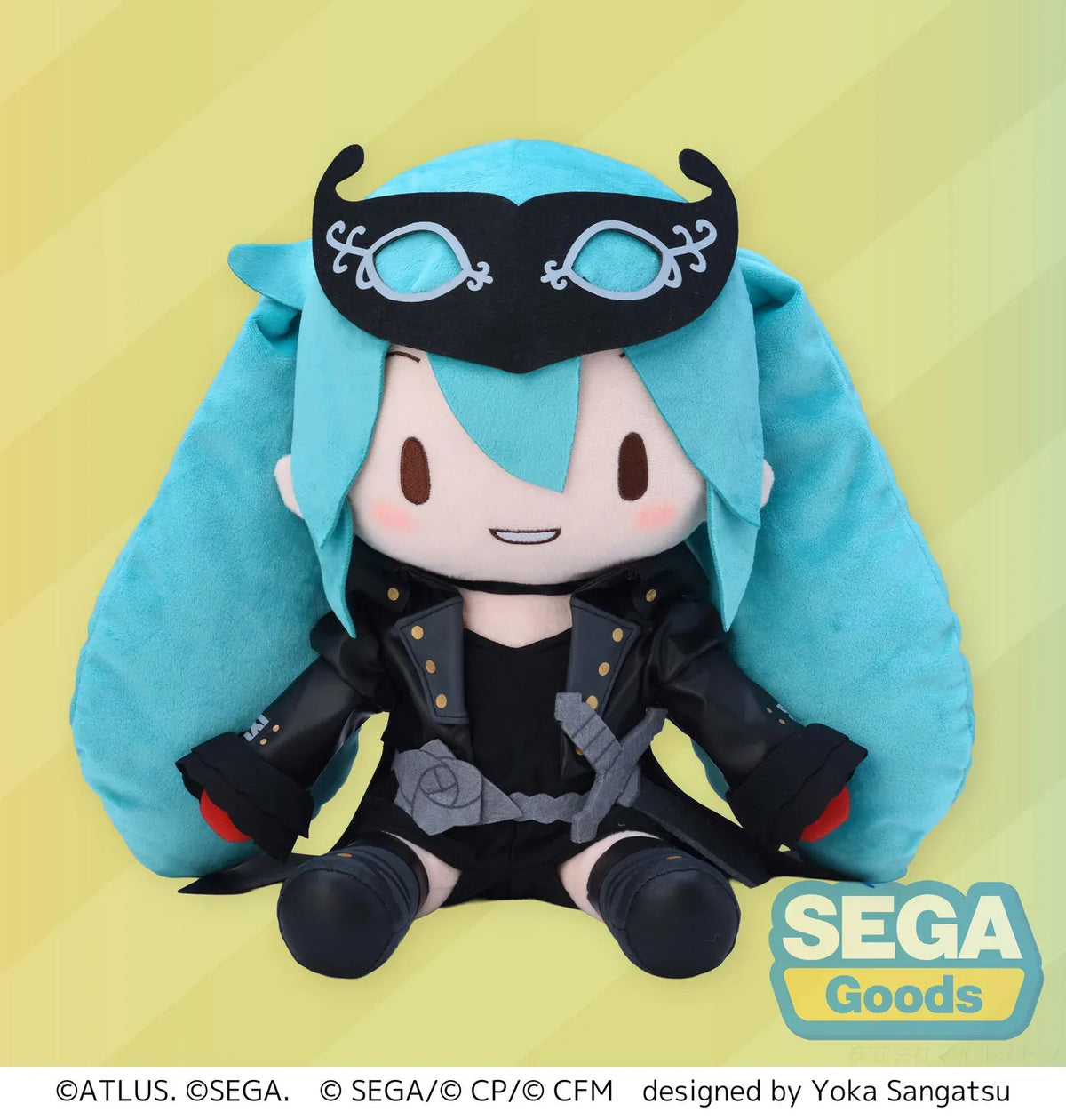 Hatsune Miku Fuwa Petit Large Plush from the Colorful Stage! x Persona 5 Royal collaboration, with turquoise twin tails, a black mask, and a black outfit.