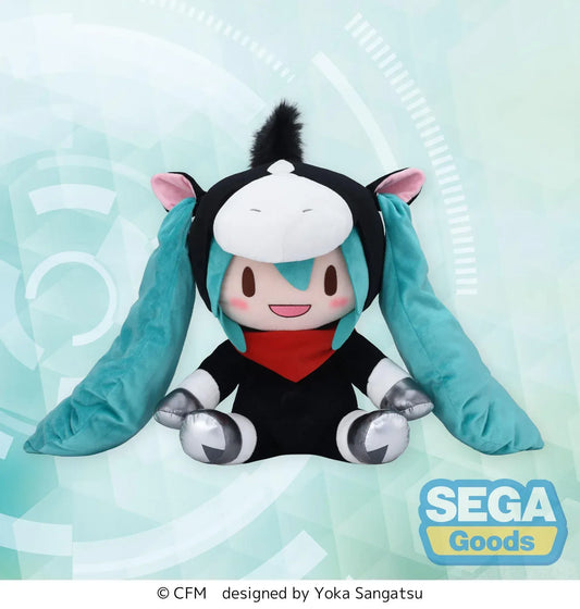 Hatsune Miku Fuwa Petit Horse 2026 plush wearing horse hood with teal twin tails and red scarf sitting pose.