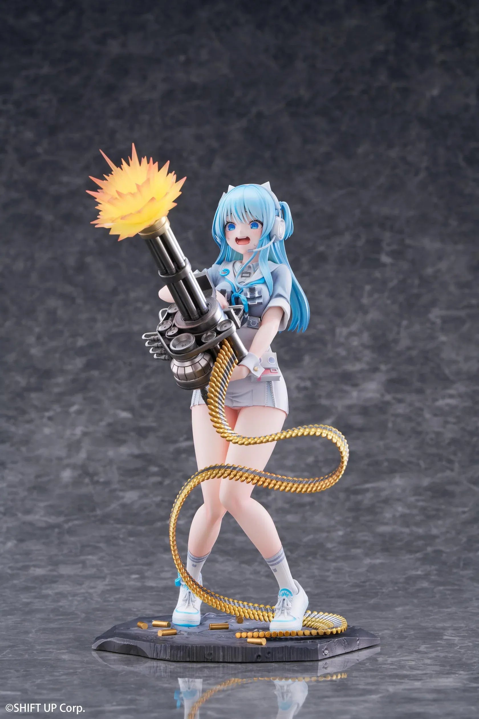 Goddess of Victory Nikke Shifty Illustration Panic Sight Deluxe Ver. 1/7 Scale Figure featuring Shifty with blue hair, tactical outfit, oversized weapon, firing effect, and ammo belt display details.