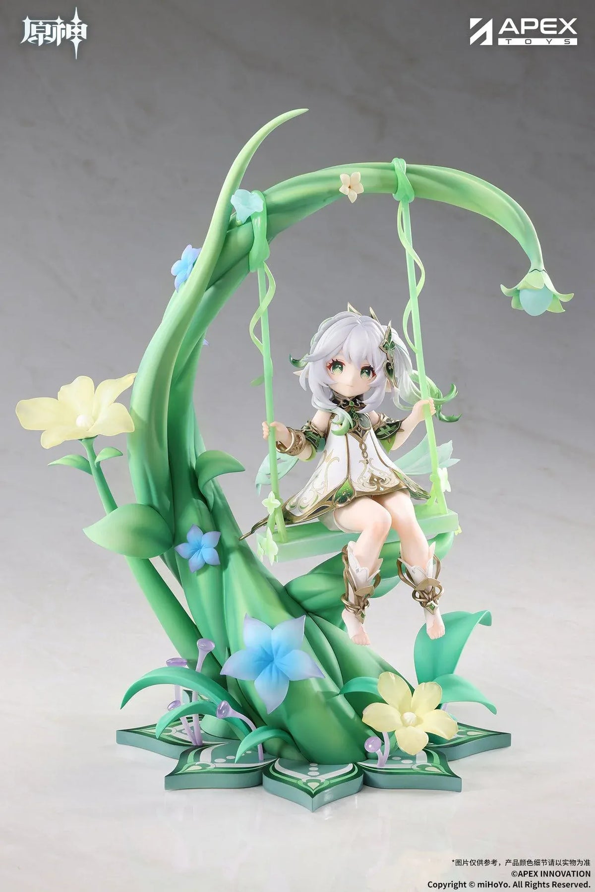 Genshin Impact Nahida Physic of Purity Ver. 1/7 scale figure seated on a green swing surrounded by vines, leaves, and colorful flowers.