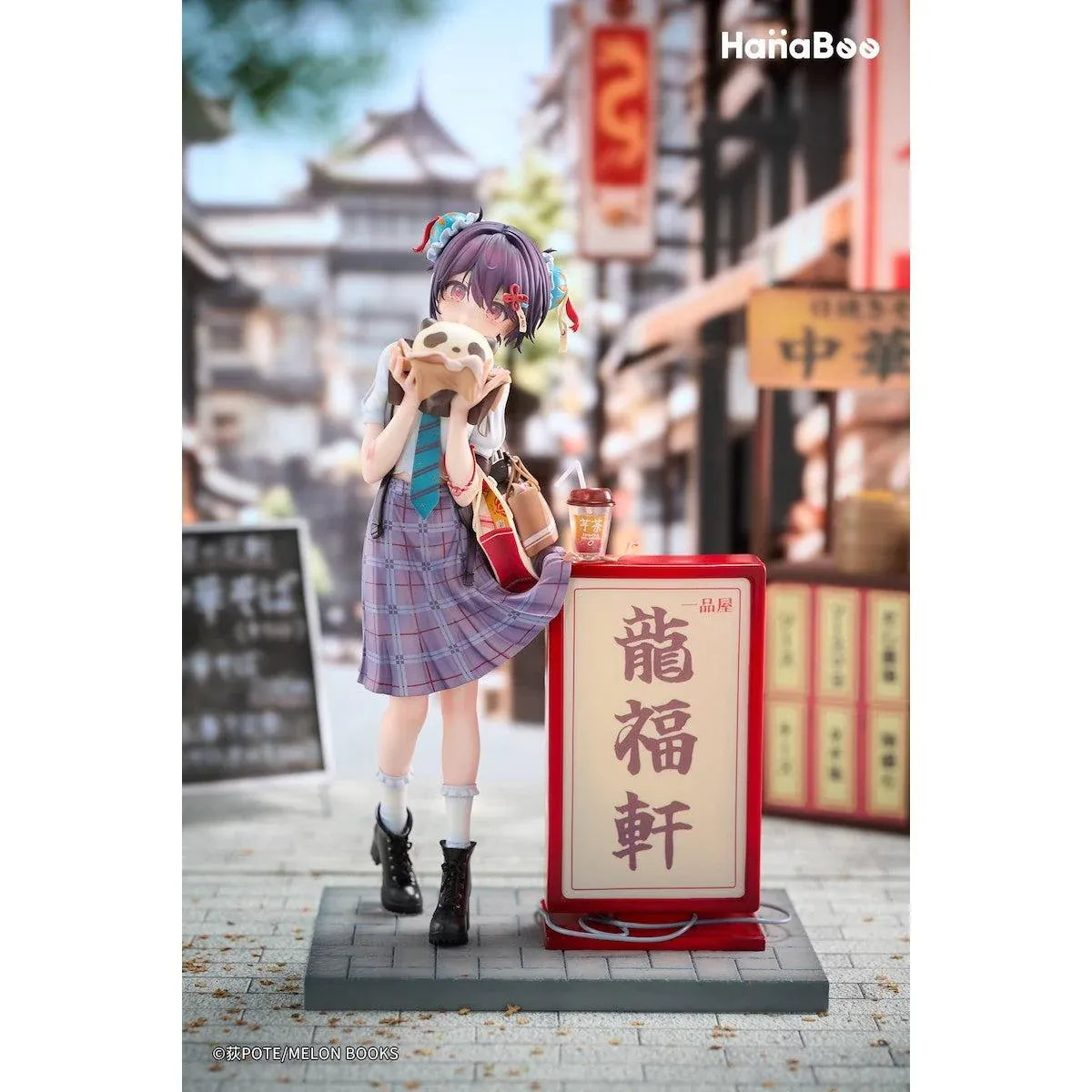 Panda Nikuman-chan Illustrated by Ogipote 1/6 Scale Figure featuring a purple-haired anime girl wearing a plaid skirt, white blouse, and teal necktie while holding a panda-shaped steamed bun beside a red street food sign.