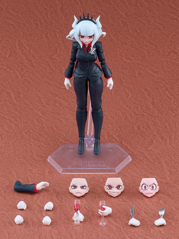 Helltaker figma Lucifer Figure with white hair, black horns, devil tail, black suit, and wine glass accessory