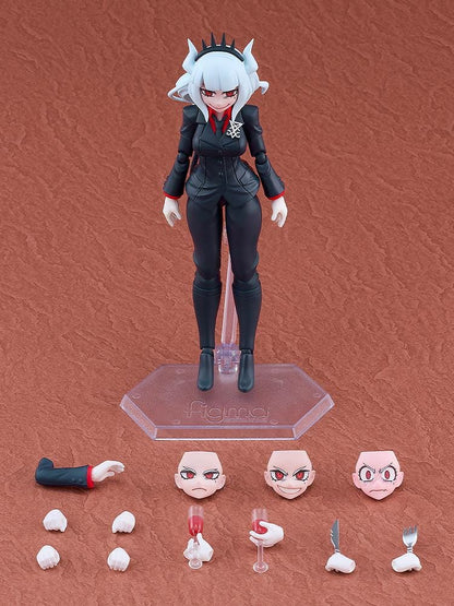 Helltaker figma Lucifer Figure with white hair, black horns, devil tail, black suit, and wine glass accessory