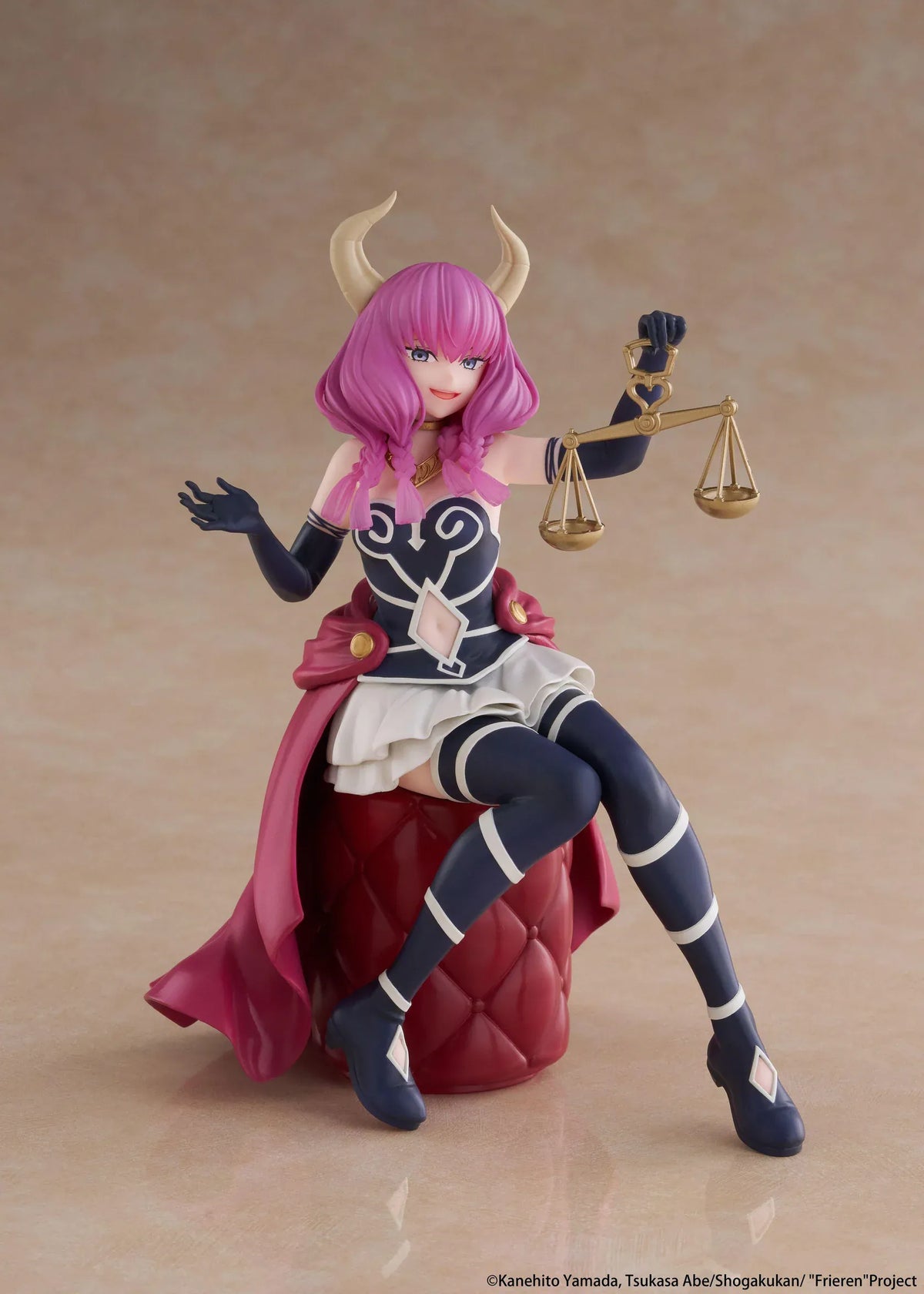 Desktop Cute Aura figure seated on a burgundy tufted stool, with purple hair, curved horns, a dark outfit, and golden balance scales held aloft.