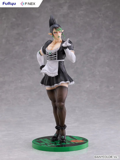 Hanabatake Chaika 1/7 Scale Figure by FuRyu F featuring a VTuber with tall black hair, green highlights, pointed ears, and a black and white maid outfit with white gloves, dark stockings, and black heels on a green circular display base.