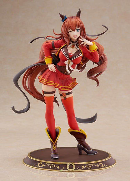 1/7 scale Uma Musume: Pretty Derby Maruzensky Signature Racewear Ver. figure, winking and posing in a red race uniform with long flowing brown hair and decorative horseshoe base.