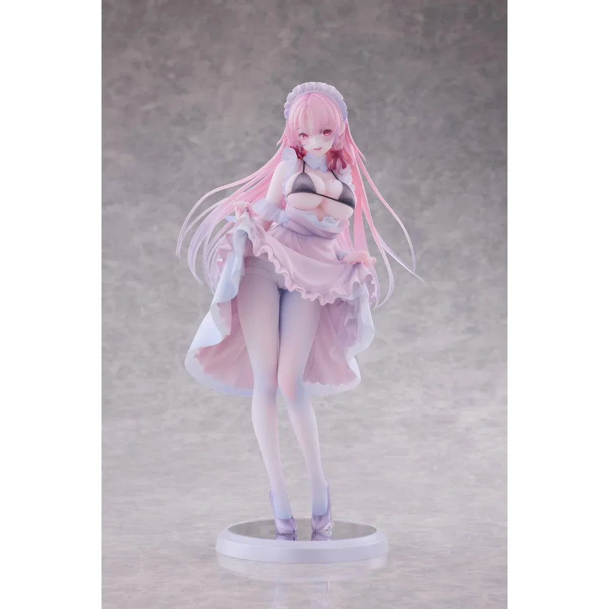 Maid Oneesan Cynthia Different Color Ver. 1/6 Scale Figure illustrated by Yukimiya Yuge, featuring a pink-haired anime girl in a frilly pink and white maid outfit with a black top, white stockings, and high heels.