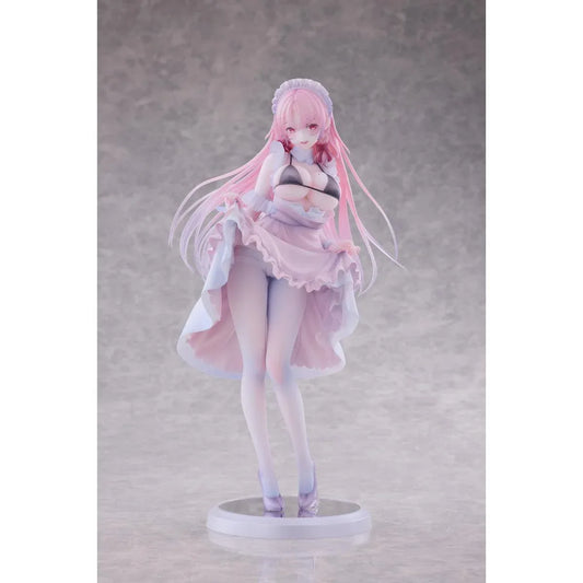 Maid Oneesan Cynthia Different Color Ver. 1/6 Scale Figure illustrated by Yukimiya Yuge, featuring a pink-haired anime girl in a frilly pink and white maid outfit with a black top, white stockings, and high heels.