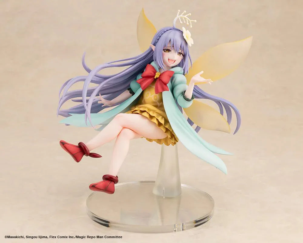 Magic Repo Man Empee 1/1 Scale Figure featuring a cheerful lavender-haired fairy with golden wings, a yellow dress, mint-green jacket, red bow, and matching shoes in a playful floating pose.