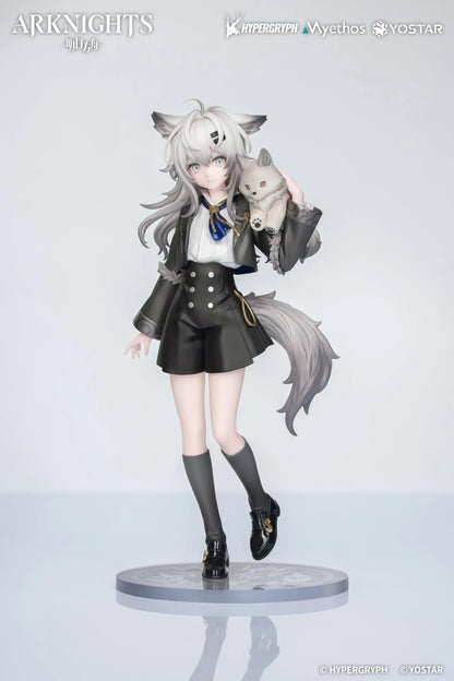 Arknights Rhodes Kids Series Lappland figure wearing a black-and-white uniform and holding a small wolf companion.