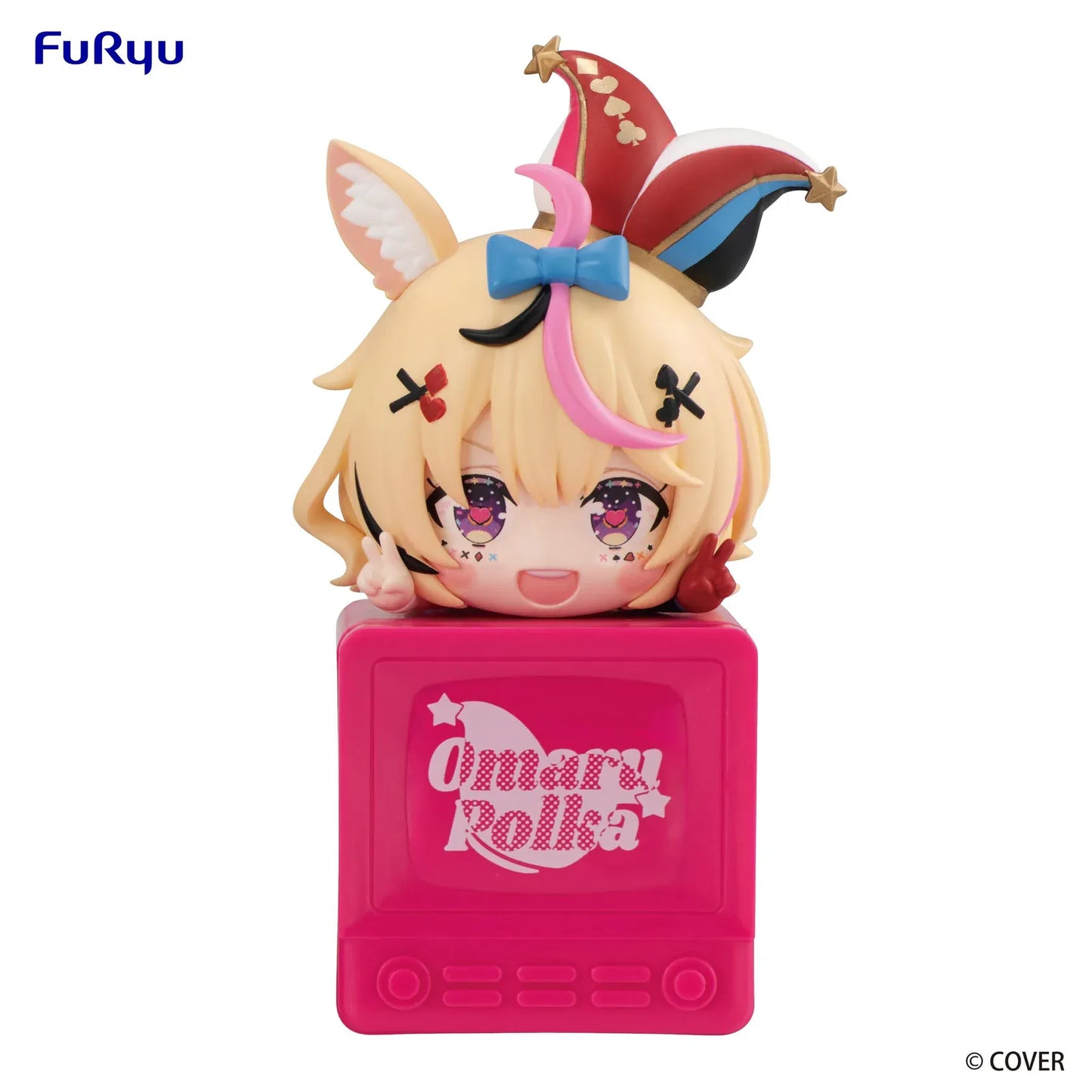 hololive production Hikkake Omaru Polka figure featuring blonde hair, fox-like ears, colorful jester hat, and a pink display block