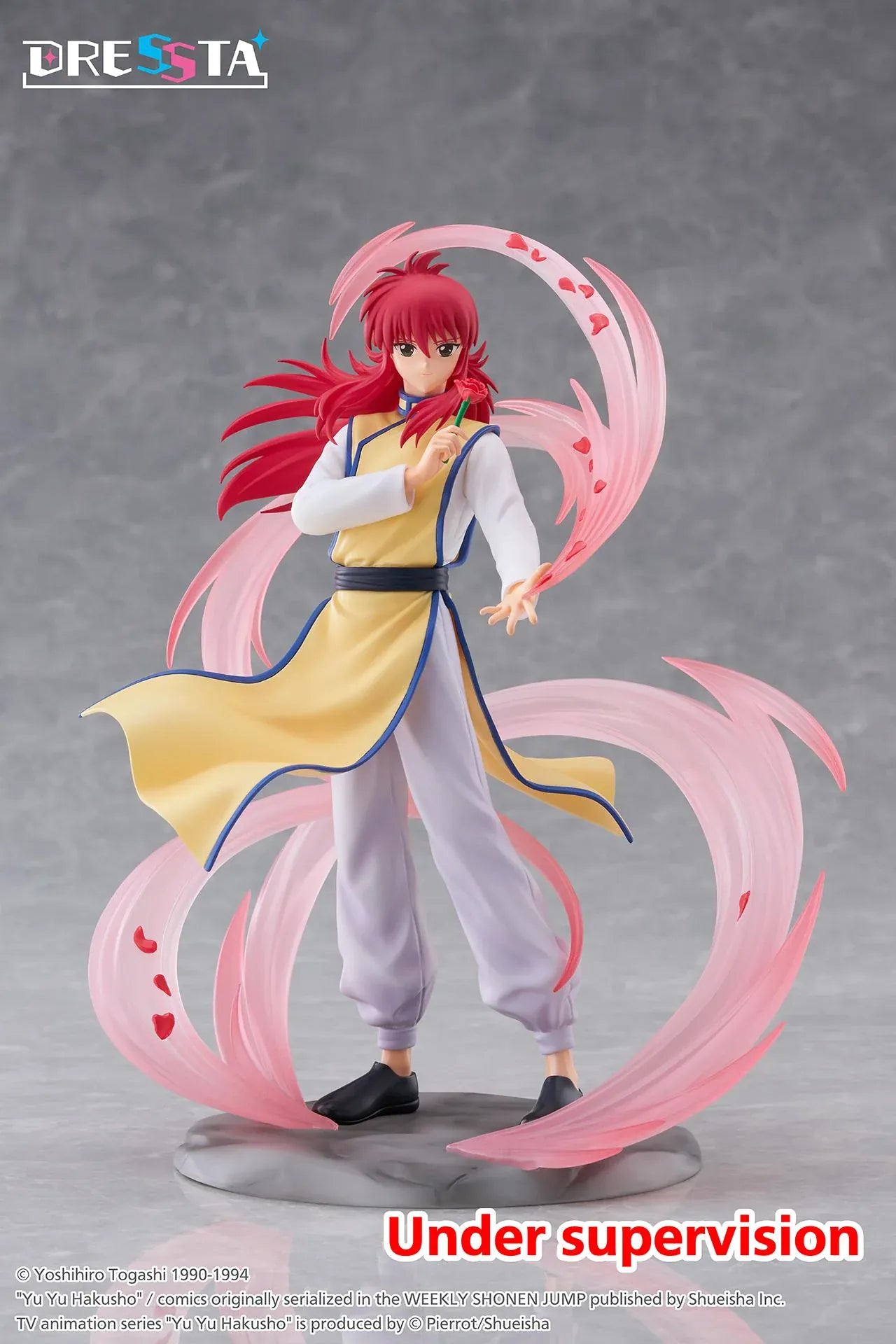 Yu Yu Hakusho Dressta Kurama Figure with red hair, yellow outfit, rose accessory, pink energy effects, and display base