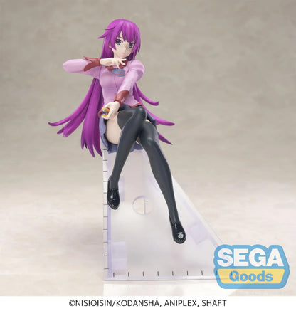 Monogatari Luminasta Hitagi Senjyogahara Figure with purple hair, school outfit, black stockings, and clear staircase display base
