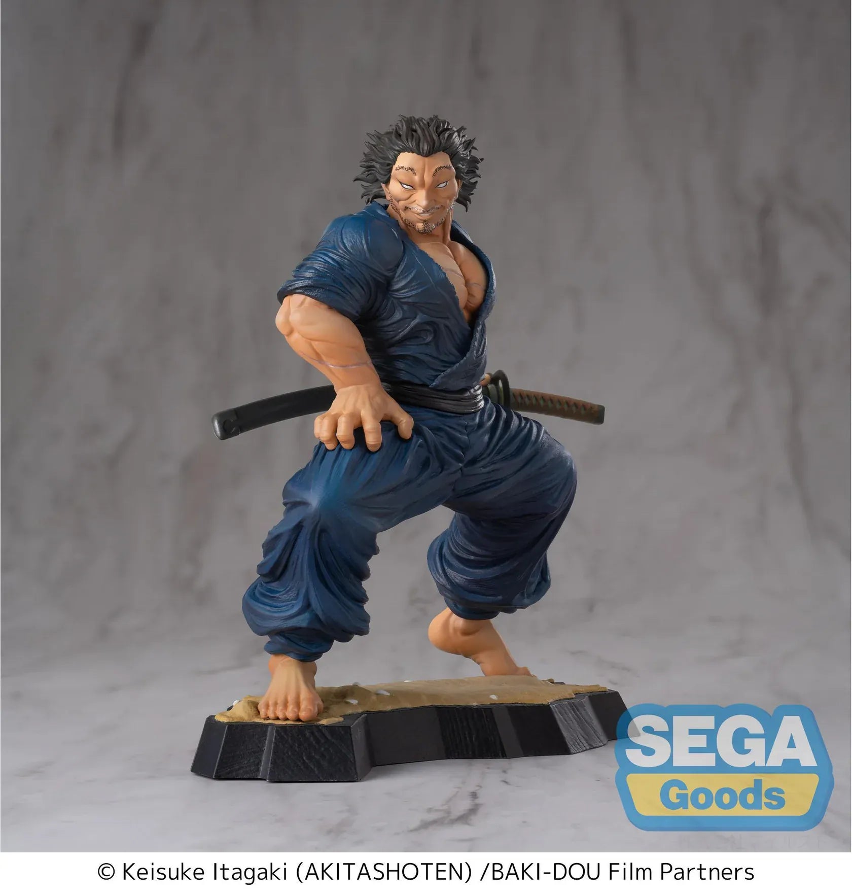 Baki Hanma Luminasta Musashi Miyamoto Figure in dark blue outfit with sword accessories and battle-ready pose