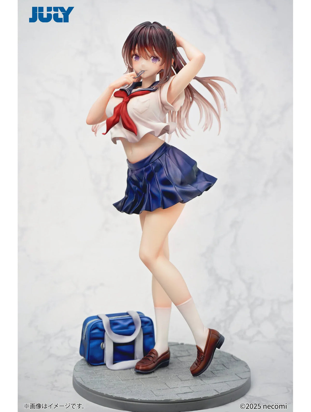 Summer Girl 1/6 Scale Figure featuring a brown-haired anime girl with purple eyes, a white sailor-style top, red necktie, navy-blue pleated skirt, and blue school bag.