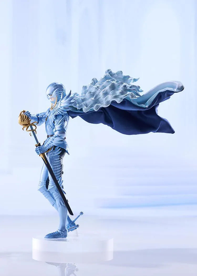 Berserk Griffith Falcon of Light figure in pale blue armor and helmet, with flowing pale hair, a billowing cape, and an ornate gold sword hilt.