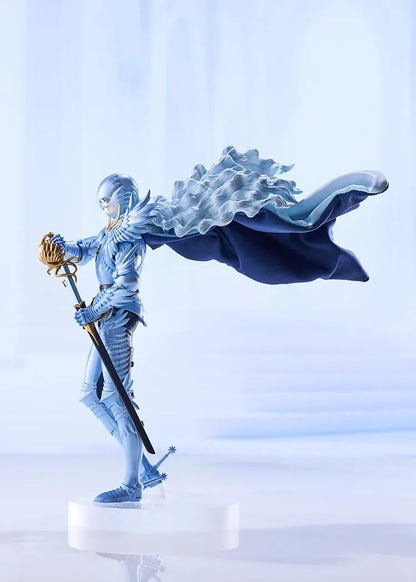 Berserk Griffith Falcon of Light figure in pale blue armor and helmet, with flowing pale hair, a billowing cape, and an ornate gold sword hilt.