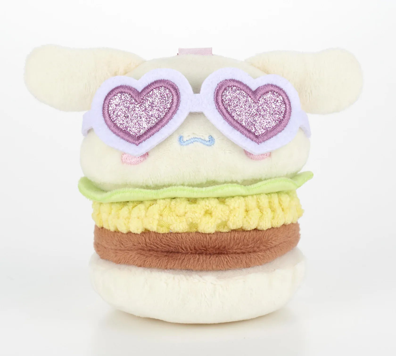 Kawaii YumYum MART DINER Cinnamoroll Pineapple Burger plushie featuring floppy ears, layered burger ingredients, and sparkly heart-shaped sunglasses.