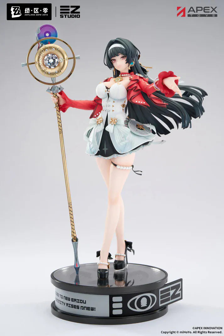 Zenless Zone Zero Astra Yao 1/7 Scale Figure featuring Astra Yao with long black hair, red-and-white performance outfit, microphone staff accessory, and elegant stage-inspired pose.