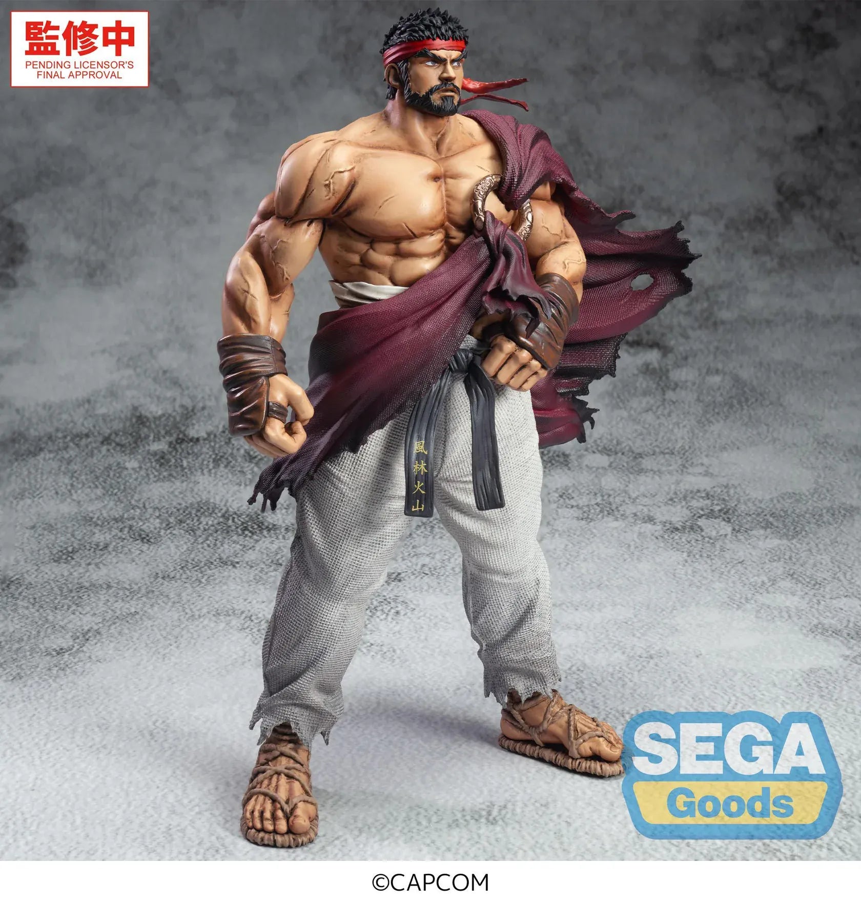 Street Fighter 6 FiGURiZMa Ryu Figure with red headband, muscular sculpt, torn outfit, and powerful fighting stance