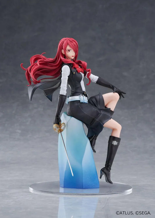 Persona 3 Reload Mitsuru Kirijo 1/7 scale figure seated on a blue crystalline pedestal, with flowing crimson hair, a black-and-white outfit, and a sword.