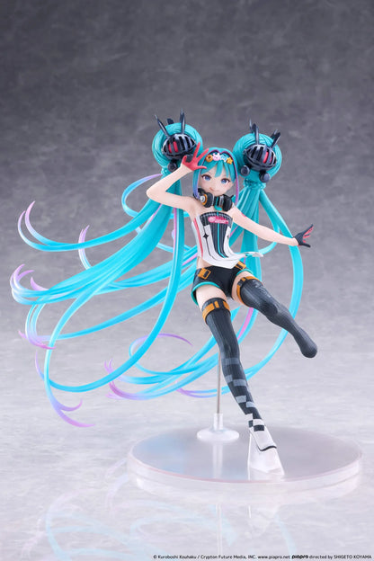 Hatsune Miku Taito Kuji Racing Miku 2026 figure wearing a futuristic racing outfit with flowing turquoise twin-tails and headphones.