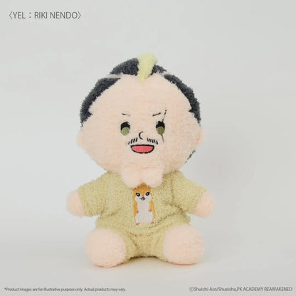 The Disastrous Life of Saiki K. Riki Nendo Fukamokogurumi Plushie featuring black hair, a blonde mohawk, green eyes, a goofy smile, and a fluffy yellow outfit with an embroidered hamster design in a cute seated pose.